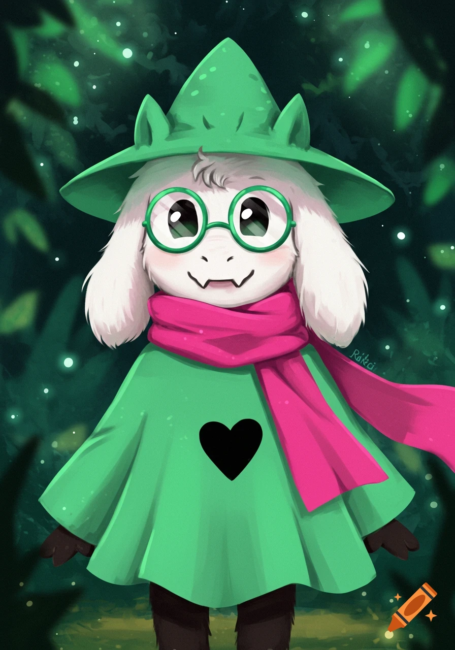 A cute fluffy goat Ralsei from Deltarune, wearing a green hat, cloak, pink scarf, and round glasses in a magical forest.