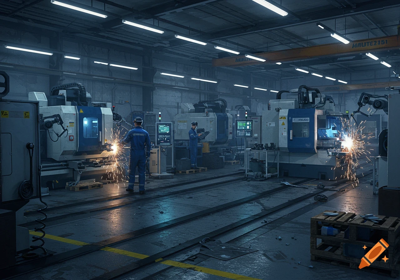 Two workers operate heavy machinery, producing sparks, on a busy industrial factory floor in a photorealistic style.