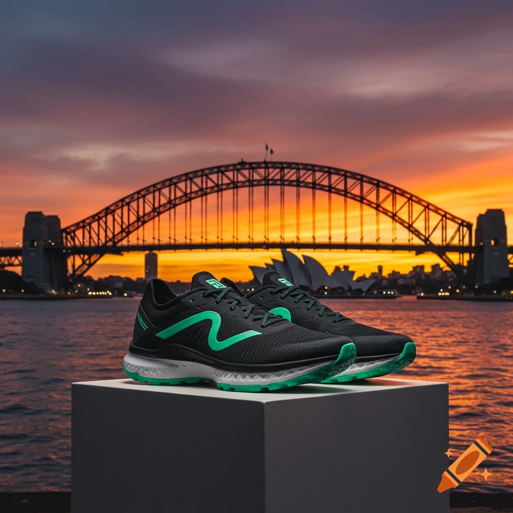 A pair of black and mint green running shoes sit on a grey pedestal with the Sydney Harbour Bridge and Opera House against a sunset sky in the background.