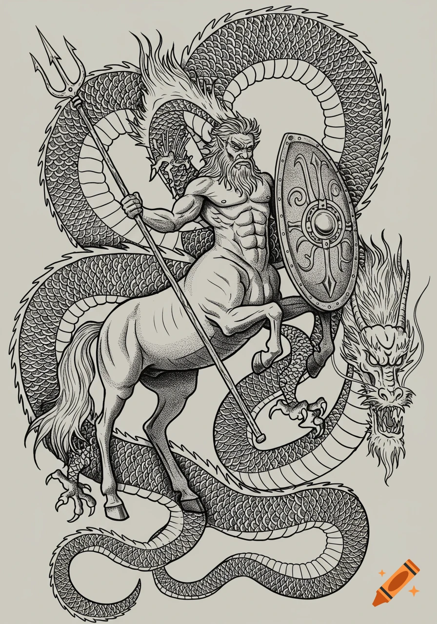 Blackwork tattoo illustration of a centaur with a trident and shield, intertwined with a dragon.