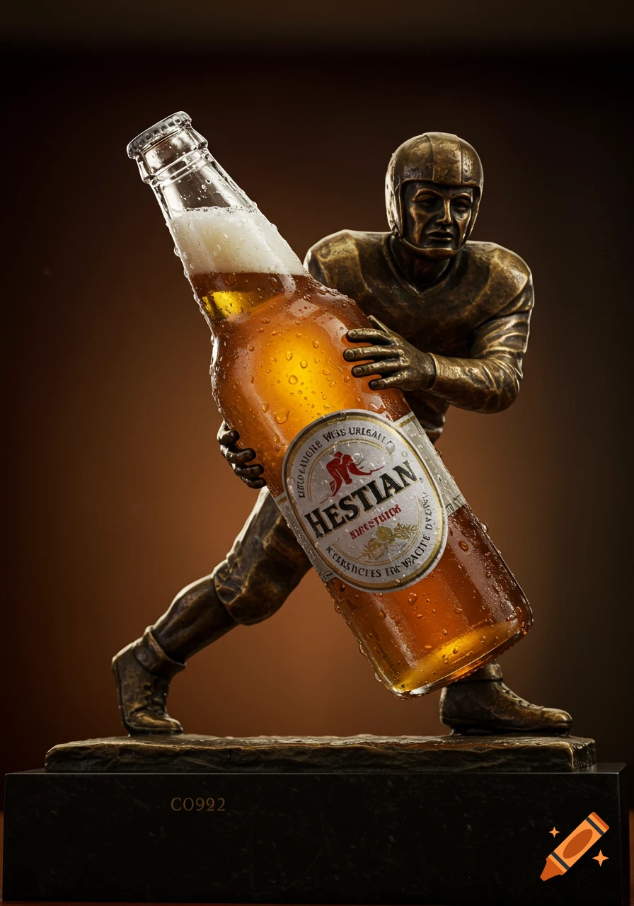 A photorealistic bronze statue of a football player in a running pose, holding a giant, cold beer bottle covered in condensation. The label on the bottle reads "HESTIAN".