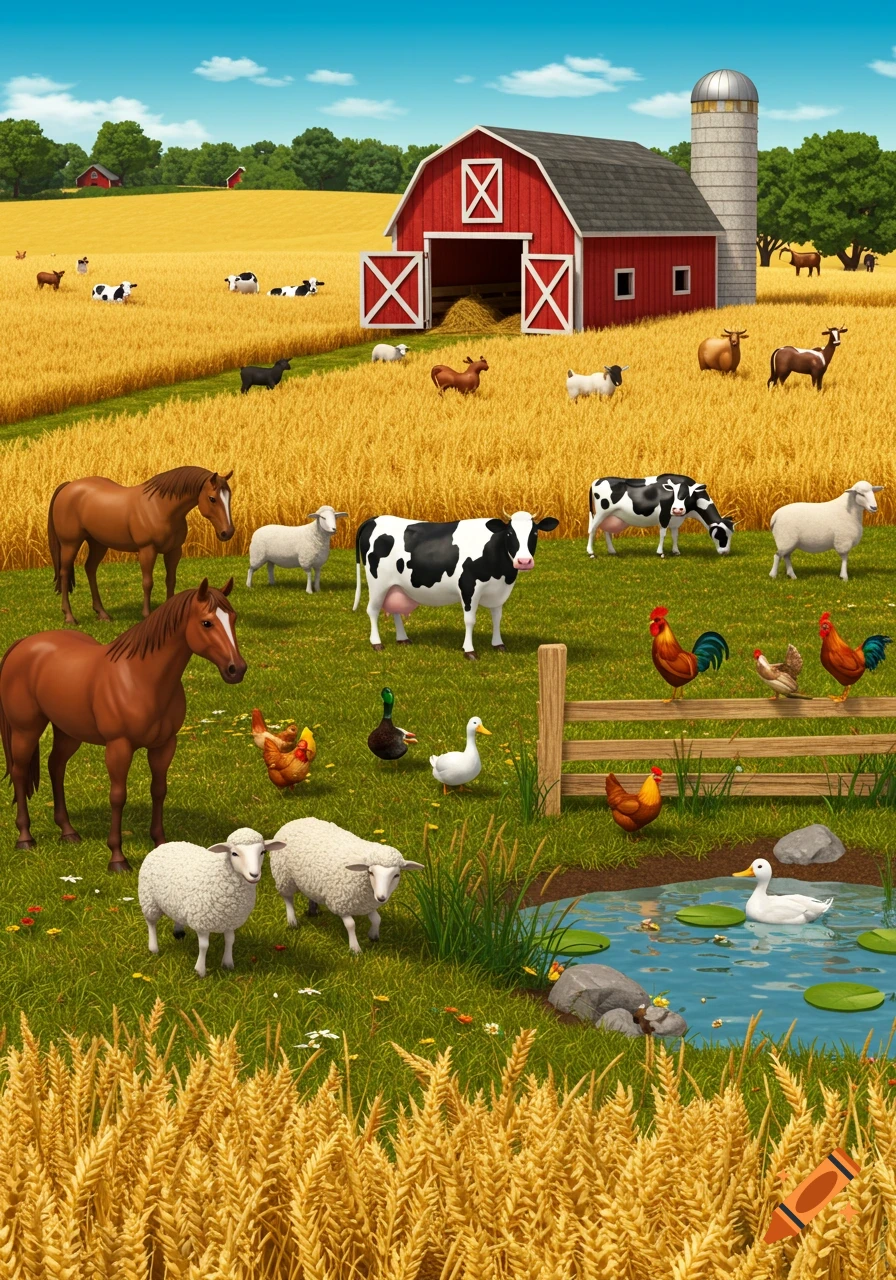 Vibrant stylized illustration of a farm with a red barn, golden fields, a pond, and various farm animals like cows, horses, sheep, and chickens.