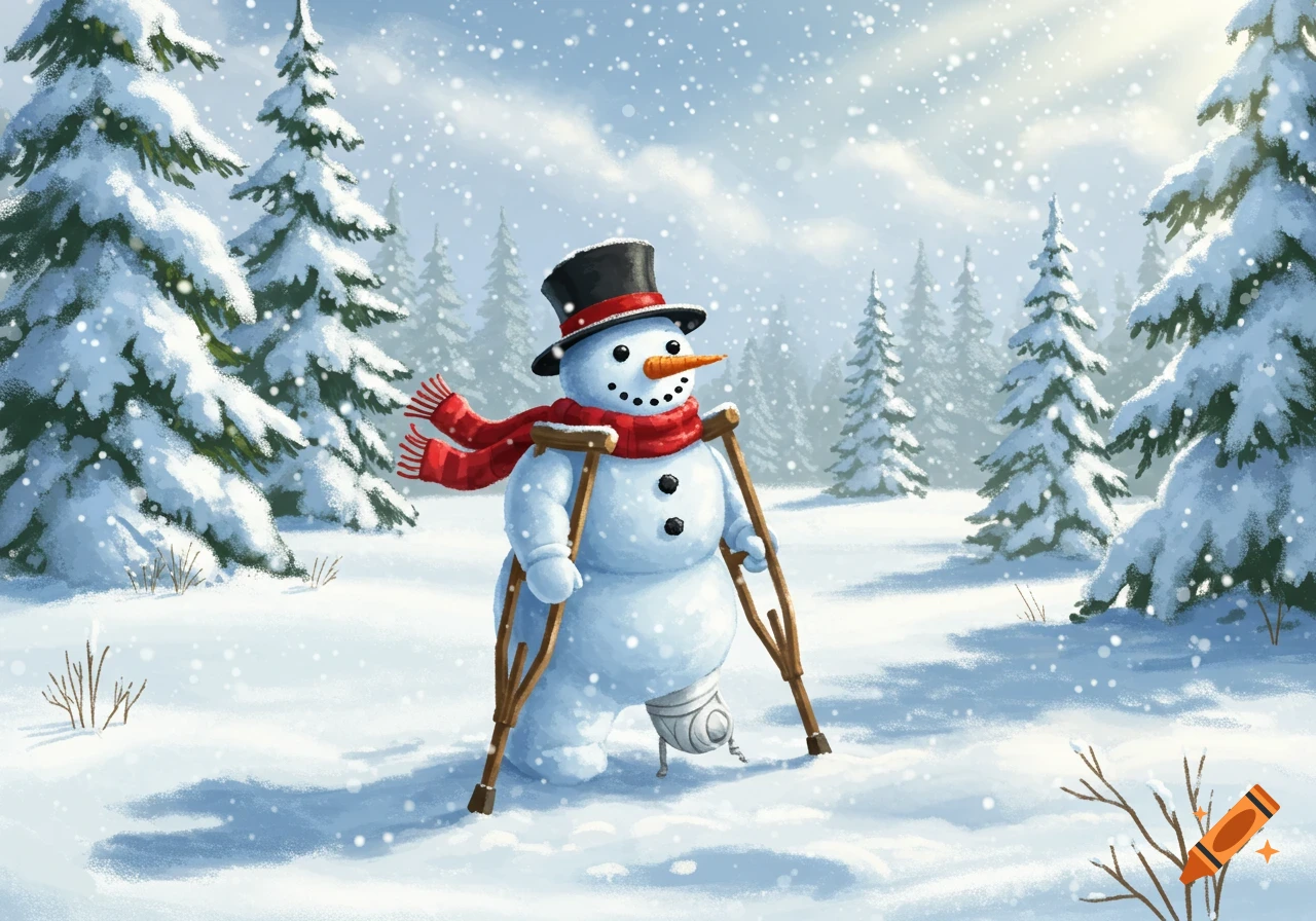 A cartoon snowman wearing a black top hat and red scarf, with a bandaged leg, uses crutches in a snowy forest.