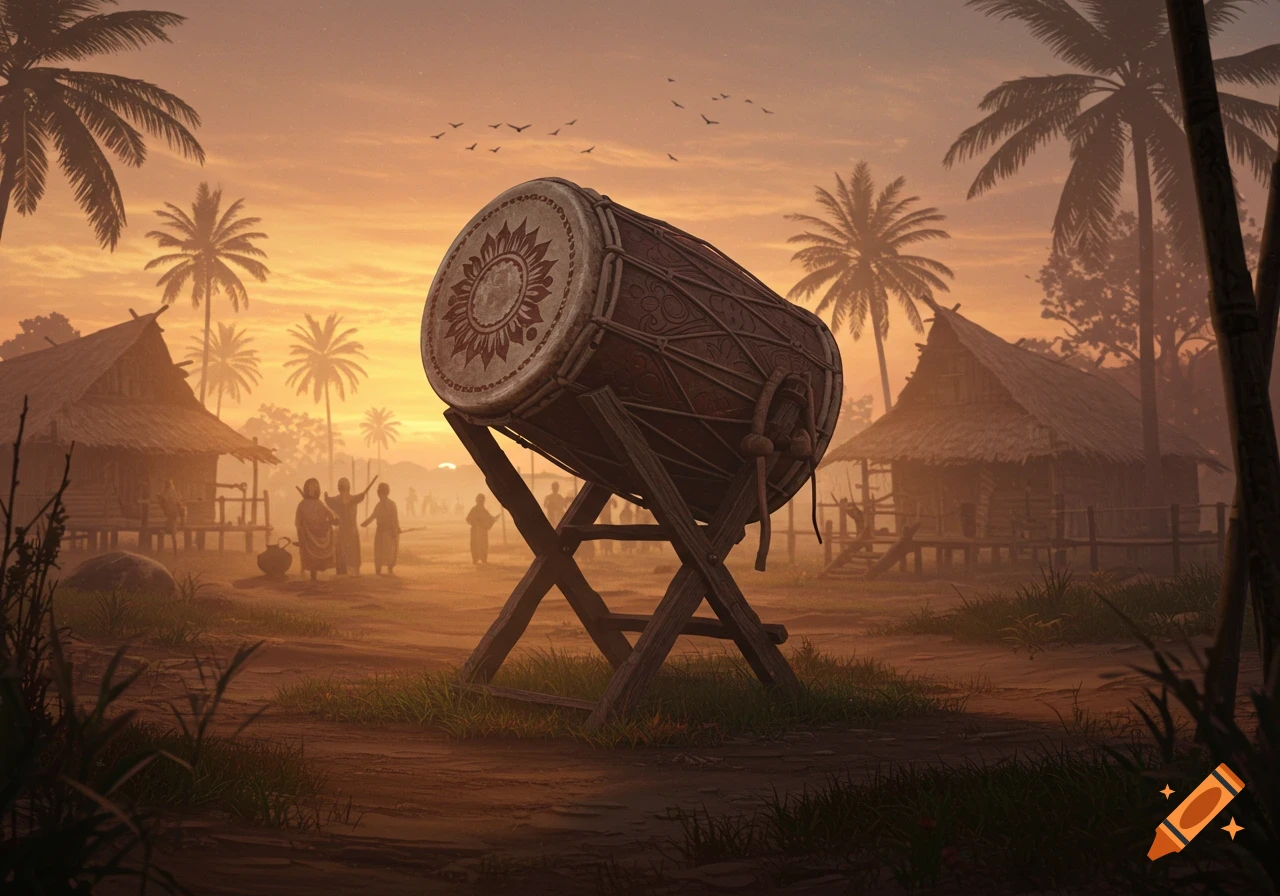 A large traditional drum on a wooden stand in a rural village at sunset, with palm trees, huts, and silhouetted people in the background.