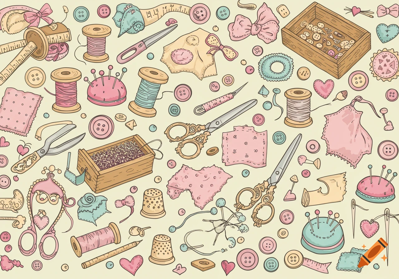 A vector illustration of various cute, pastel-colored sewing equipment and craft supplies scattered on a light background.