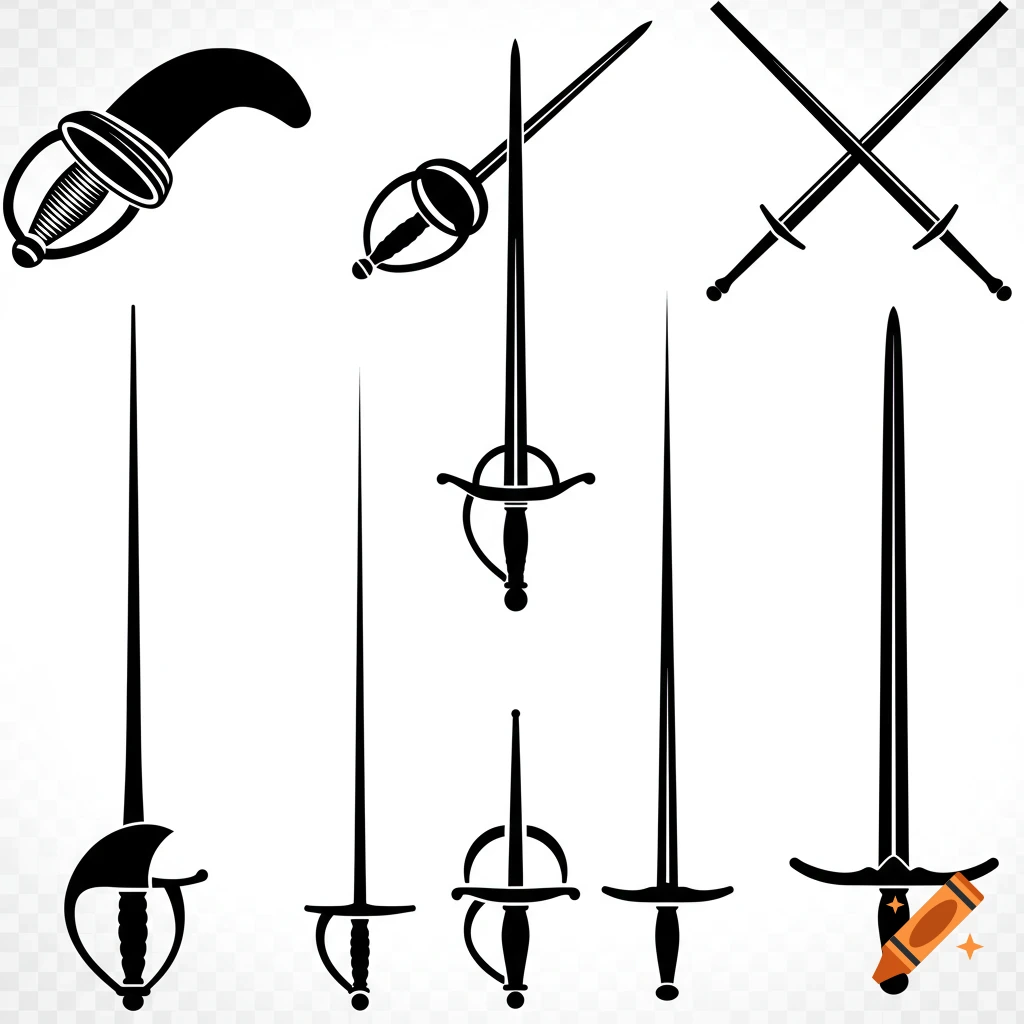 Black silhouettes of various historical fencing weapons and swords on a transparent background.