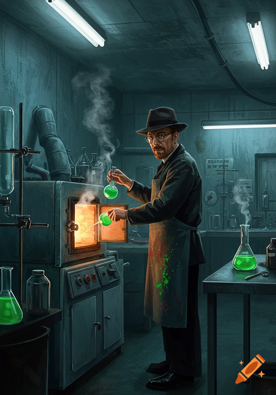 A man resembling Walter White in a hat, glasses, and an apron, holding beakers of green liquid over an open, glowing oven in a dark, industrial-style lab.