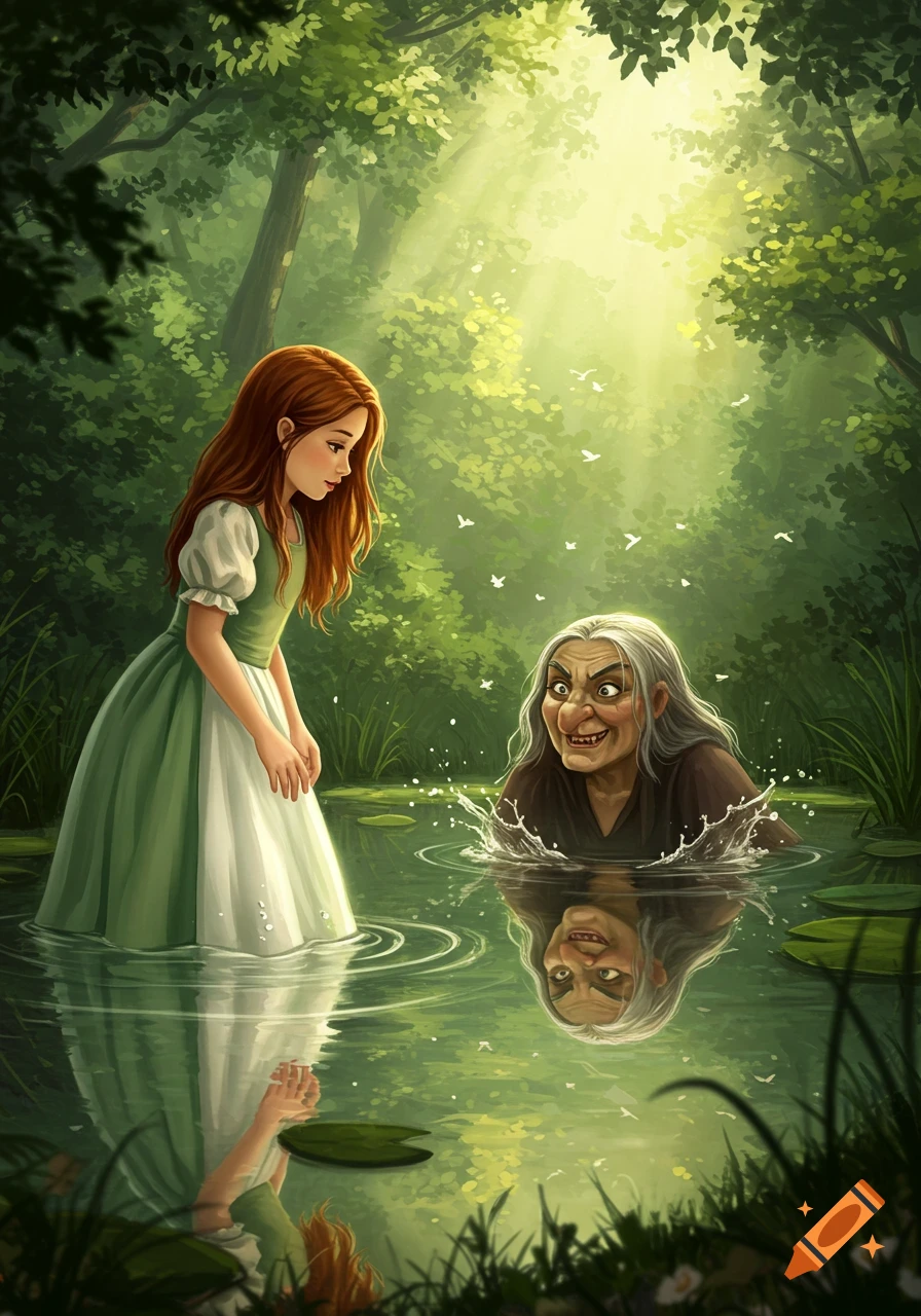 A red-haired girl in a green and white dress stands in a forest pond, looking at a grumpy witch emerging from the water. Illustrated.
