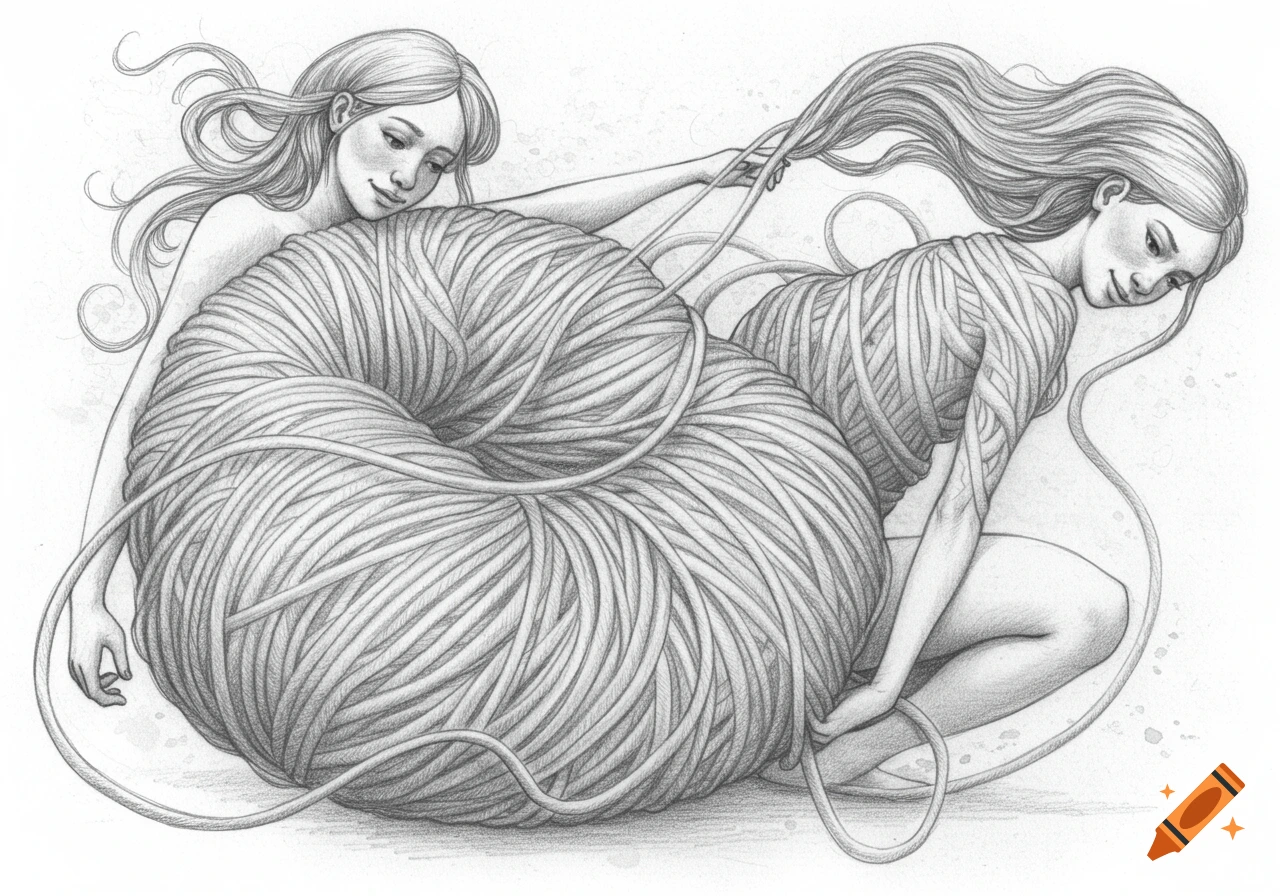 A pencil drawing of two women interacting with a large ball of yarn, one partially intertwined with it.