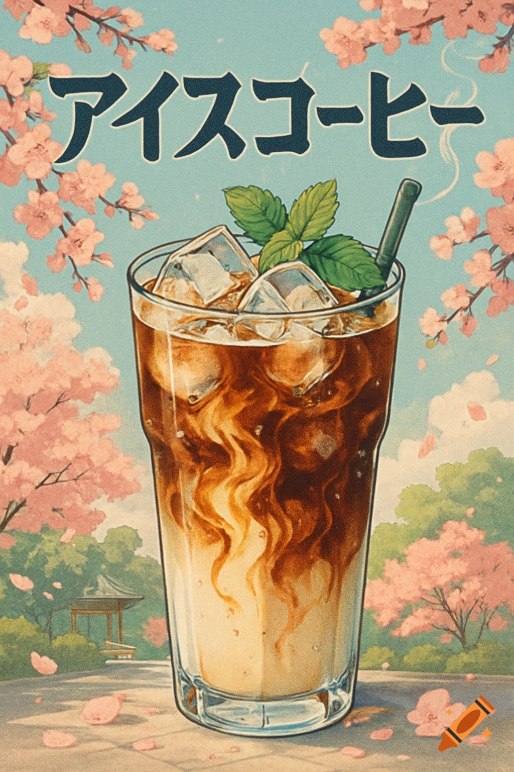 Illustrative vintage poster of iced coffee with mint and straw, set in a Japanese garden with cherry blossoms and a pagoda, with Japanese text.