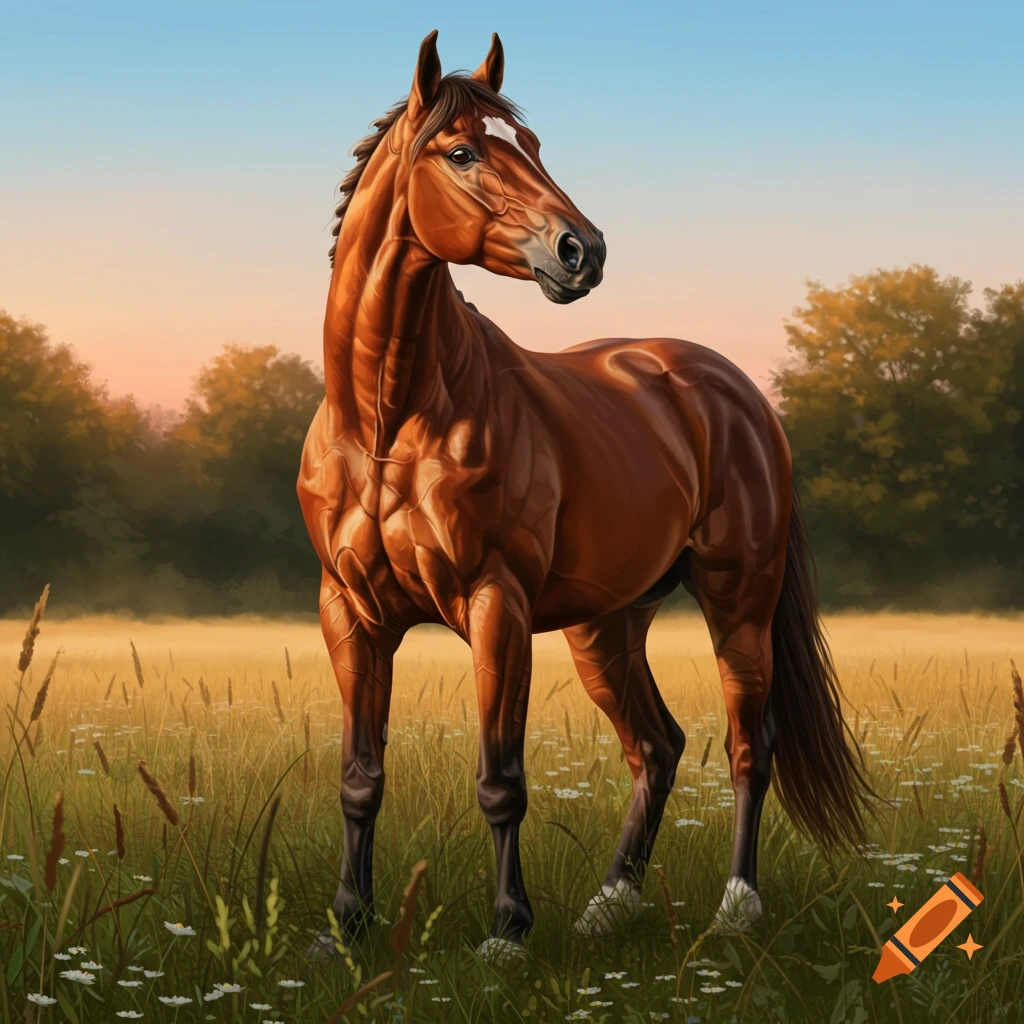 A muscular brown horse with a white blaze stands in a field of tall grass and wildflowers at sunset.
