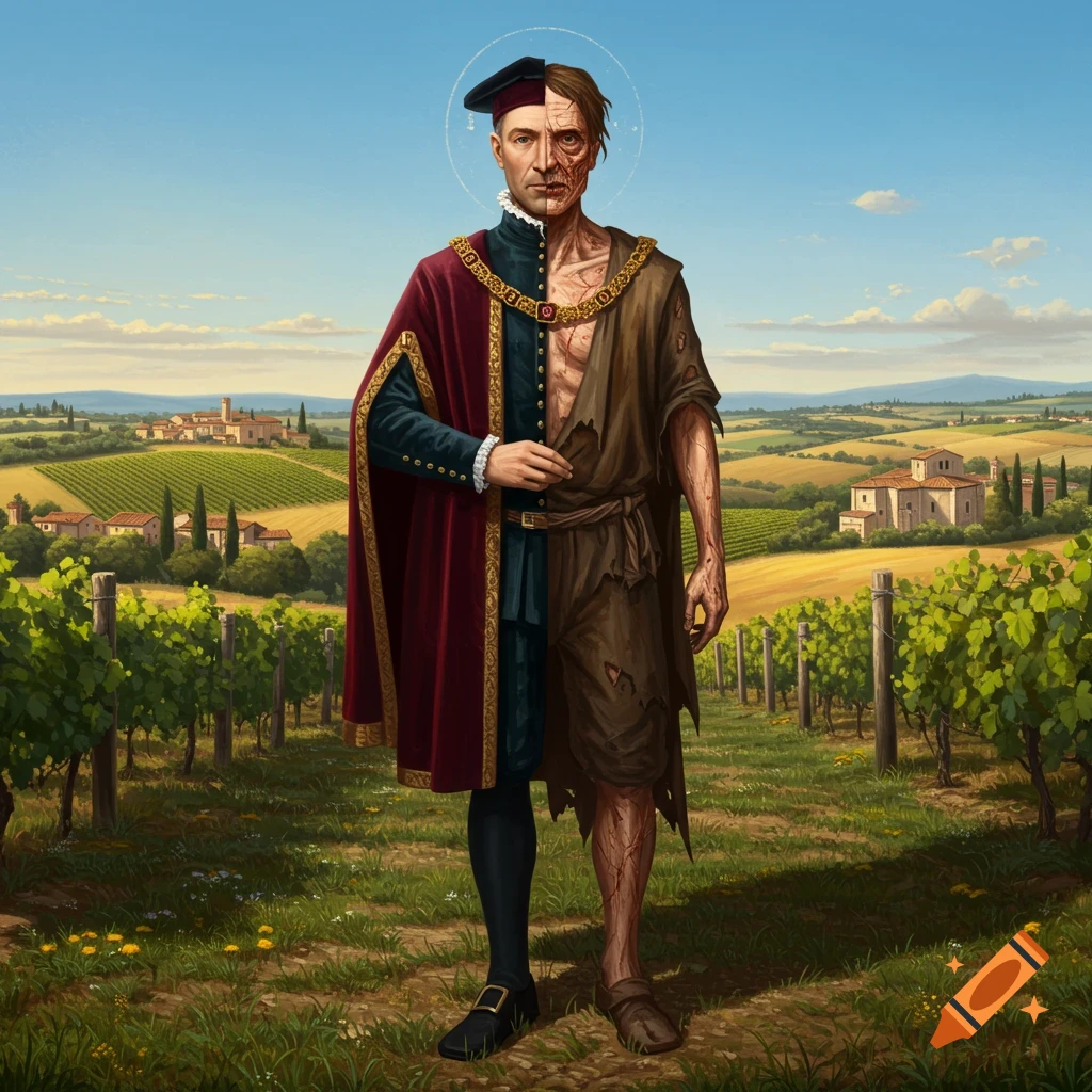 A man split vertically, half a nobleman in red and black, half a ragged, diseased figure, stands in a vineyard landscape under a blue sky.