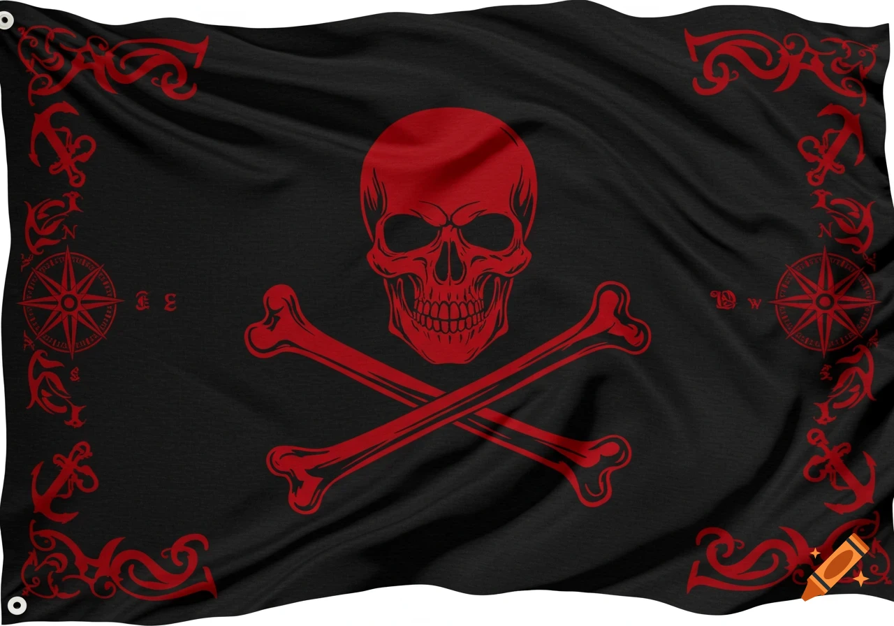 A black pirate flag with a red skull and crossbones, framed by red decorative scrollwork, anchors, and compass roses.