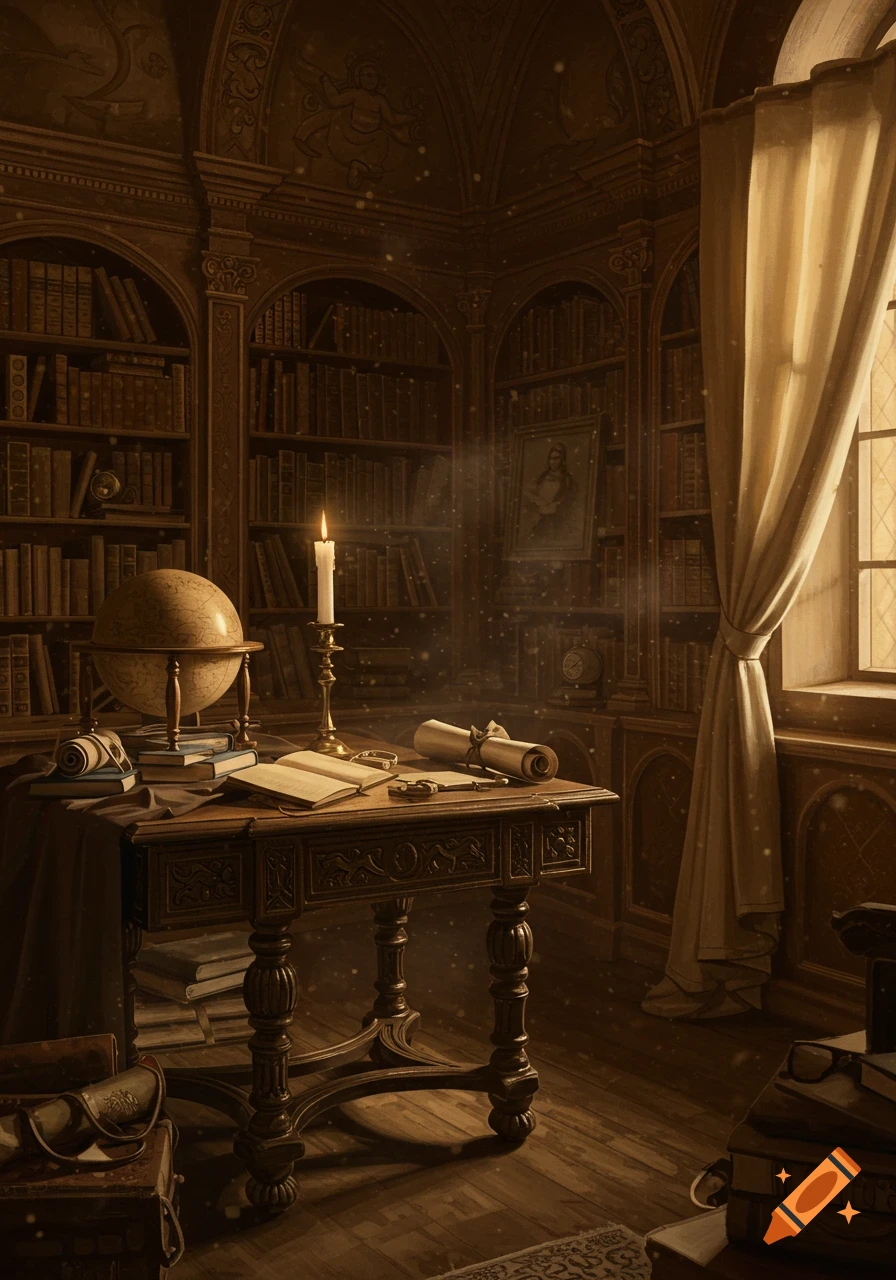 A dimly lit vintage library study with a candle on a wooden desk, globe, books, and bookshelves.
