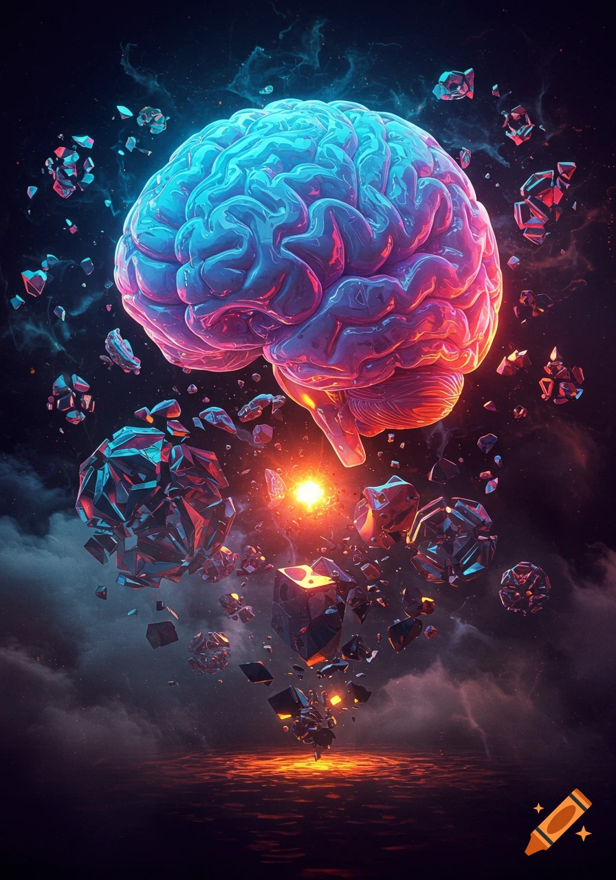 A glowing, neon-colored human brain floats in dark cosmic space, surrounded by shattered, geometric shards and a fiery core.