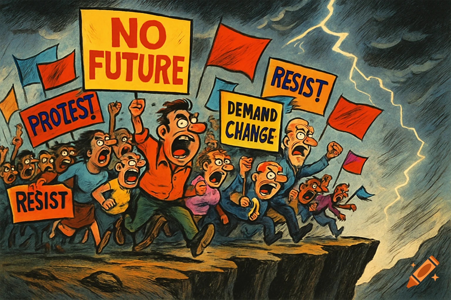 A cartoon crowd protests with signs like 'NO FUTURE' and 'DEMAND CHANGE', marching towards a cliff under a stormy sky.