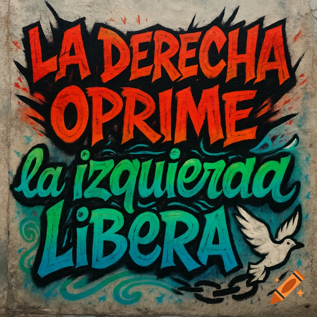 Graffiti art on a concrete wall with red and orange text "LA DERECHA OPRIME" and green and blue text "la izquierda LIBERA", with a white dove breaking chains.