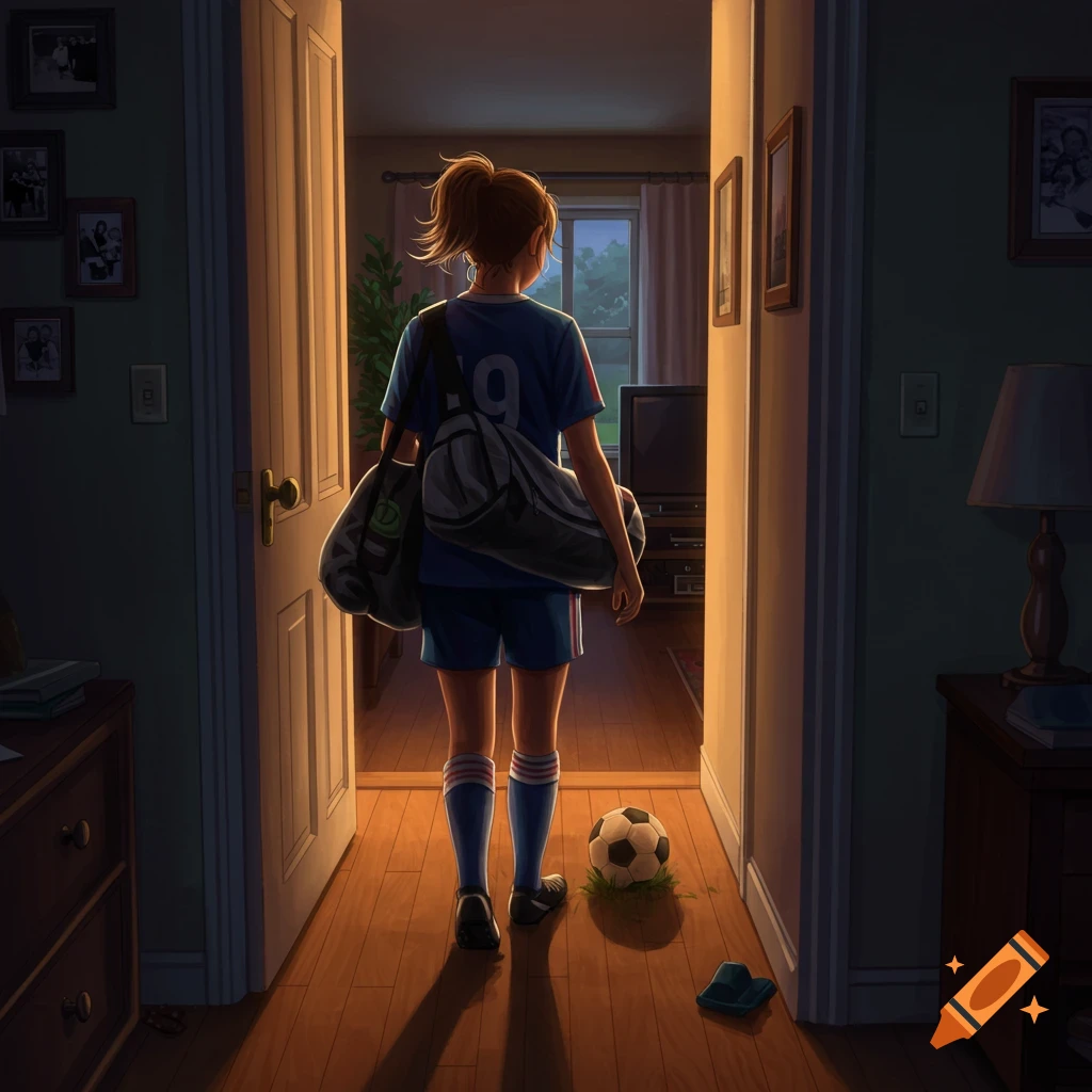 A tired girl in a blue soccer uniform, carrying a sports bag, walks into a dimly lit home, with a soccer ball on the floor.