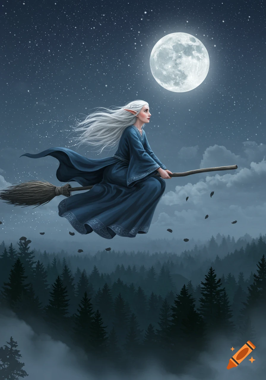 A white-haired elf-like witch in a flowing blue gown flies on a broomstick under a starry night sky with a full moon, over a dark forest.