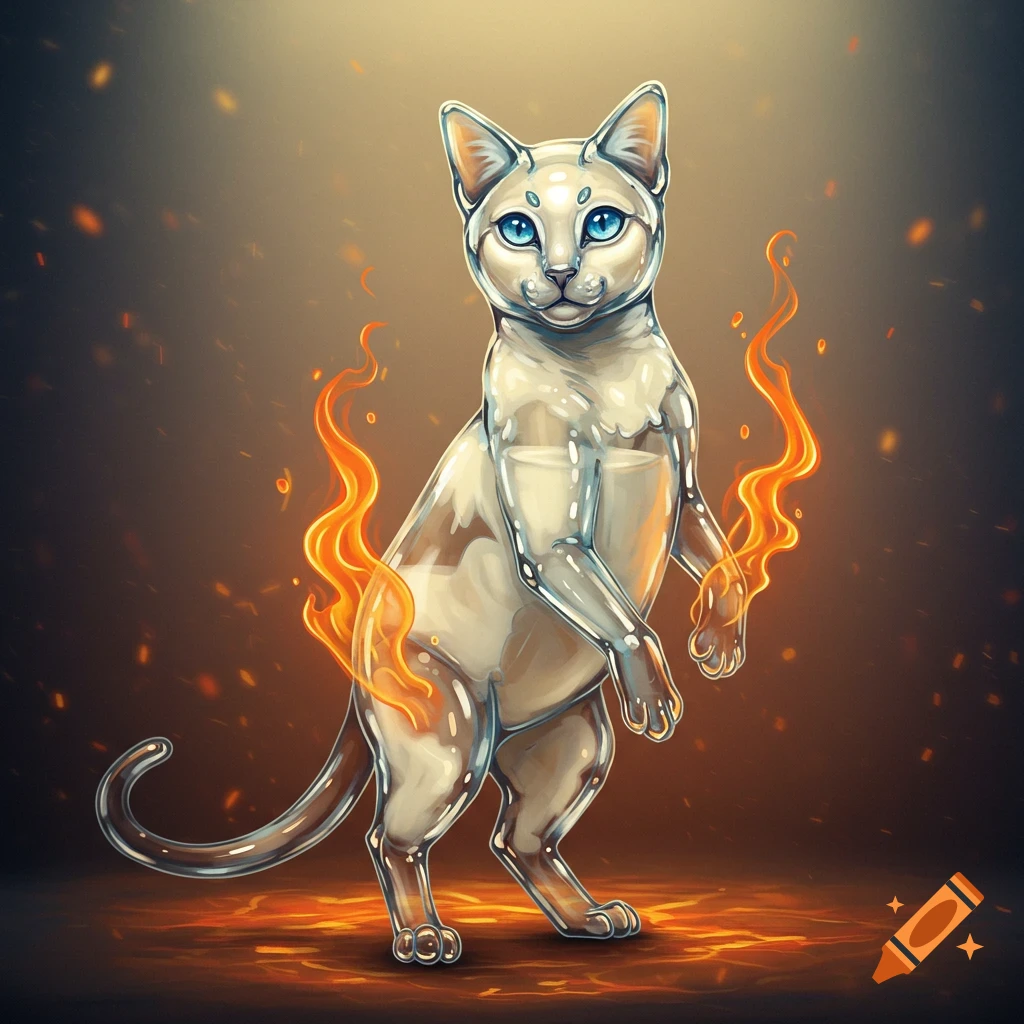 An illustrated glass cat, filled with milk, with blue eyes and fire swirling around its front paws, stands on its hind legs.