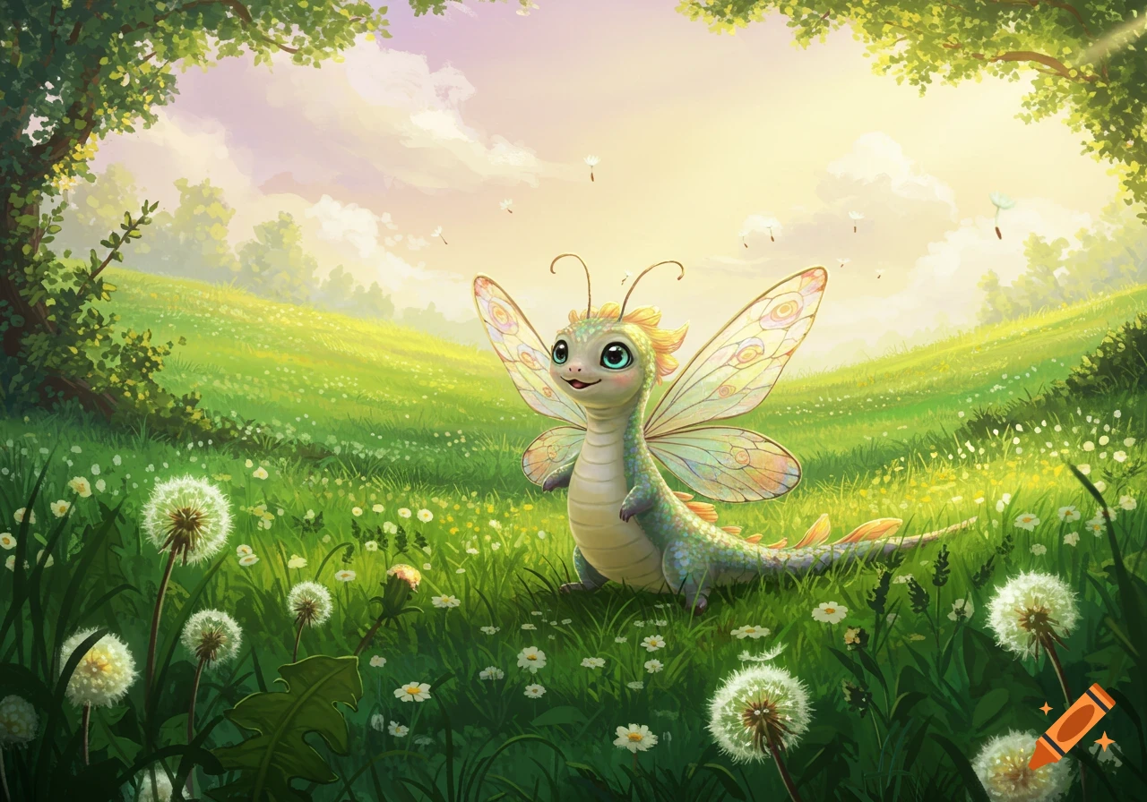 A cute green baby dragon with butterfly wings and antennae sits in a sunny green meadow with dandelions and white flowers.