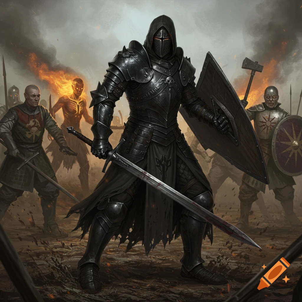 A warrior in dark, hooded plate armor stands on a chaotic battlefield, holding a sword and shield. Other warriors and a flaming figure are visible in the background amid smoke and fire. Stylized fantasy art.