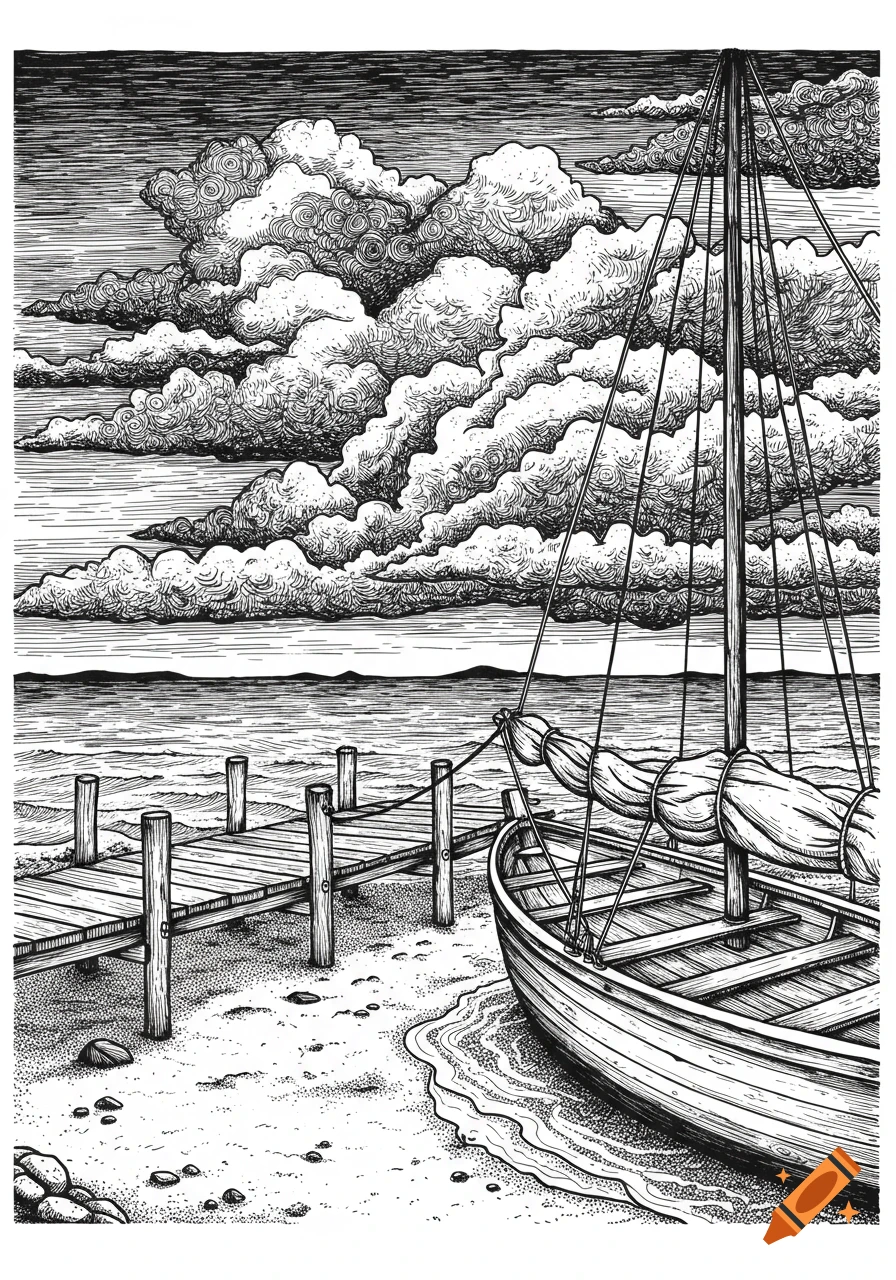 Black and white illustration of a sailboat moored next to a wooden dock on a sandy beach under a cloudy sky.