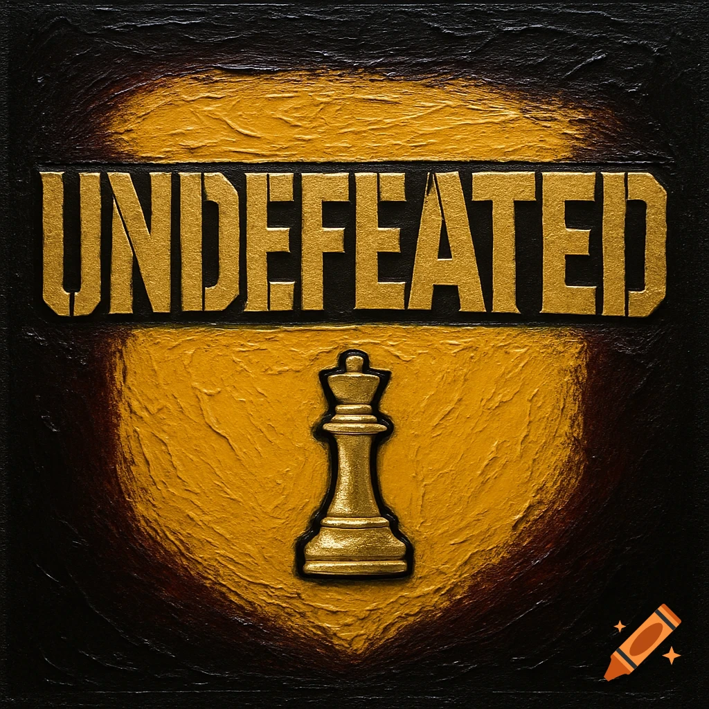 Gold 'UNDEFEATED' text above a golden chess queen on a textured black and gold background in a Brutalist style.