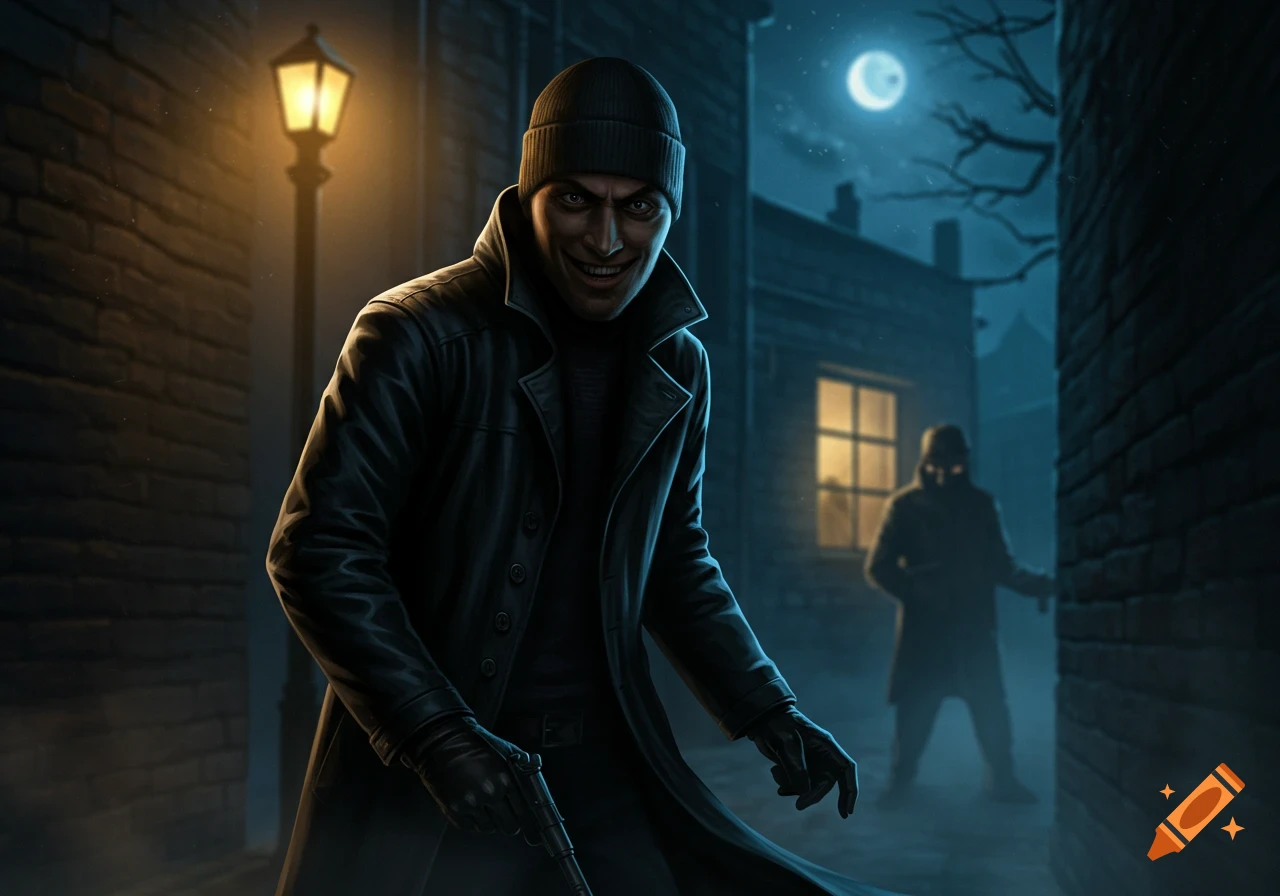 A grinning robber in a dark trench coat and beanie holds a gun in a dimly lit alley at night, with another shadowy figure in the background.