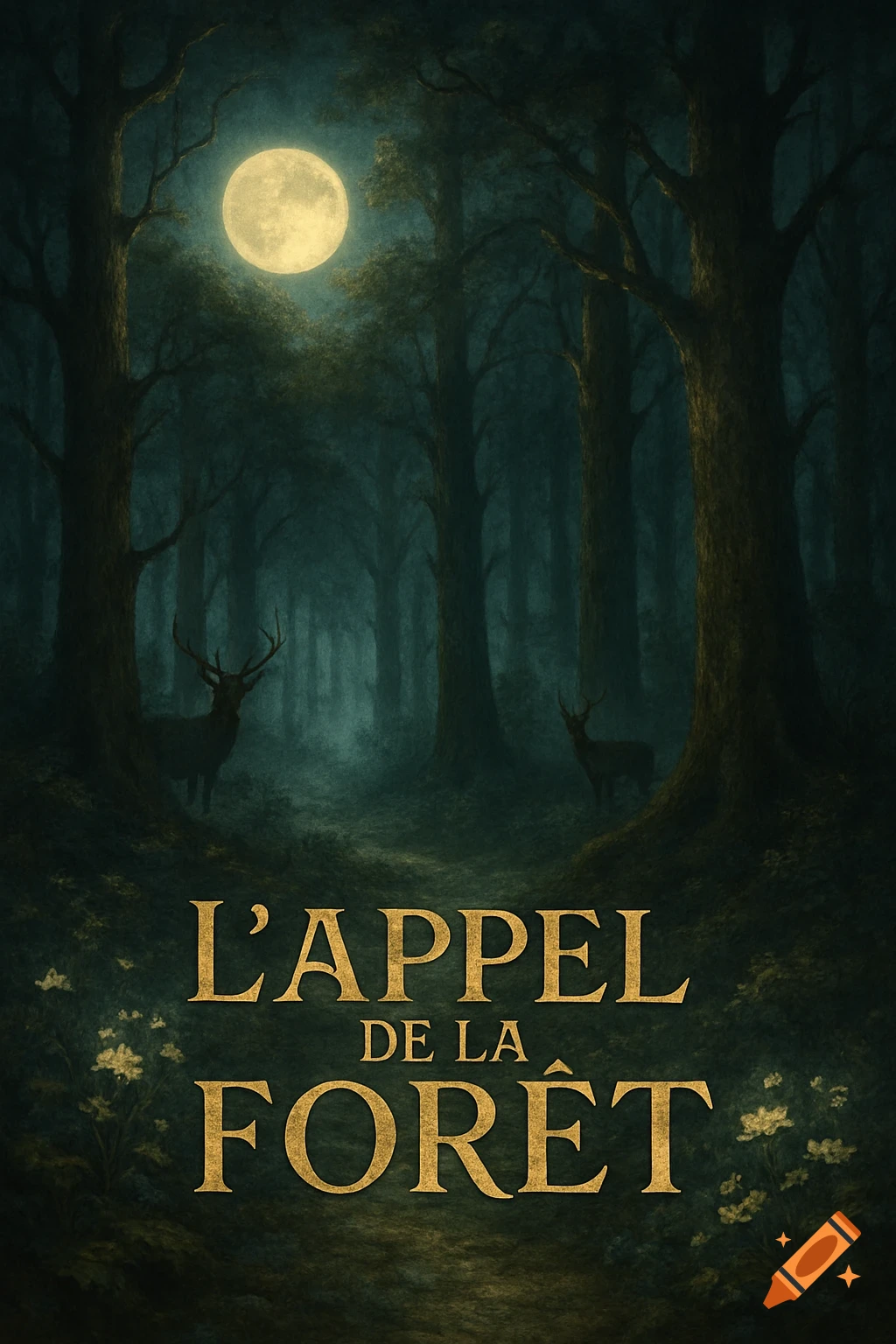 Dark, atmospheric book cover with a full moon over a forest, silhouetted deer, and 'L'APPEL DE LA FORÊT' text.