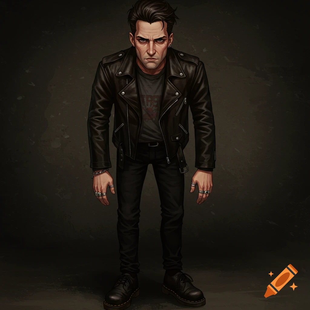 A digital illustration of a stern-looking man with dark hair, wearing a black leather jacket, a dark t-shirt, skinny jeans, and rings.
