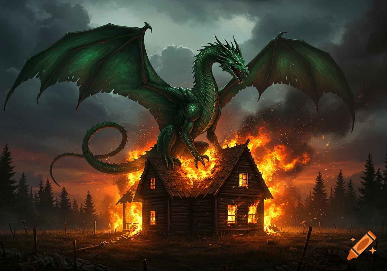 A large green dragon with outstretched wings sits on a burning wooden house in a dark forest under a stormy sky.