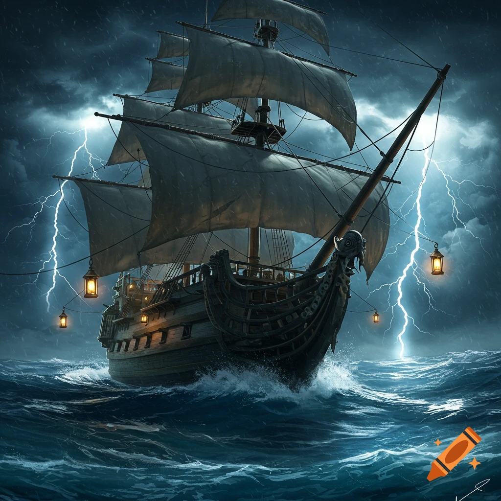A majestic pirate ship with full sails battles through a fierce thunderstorm with bright lightning strikes and choppy waves.