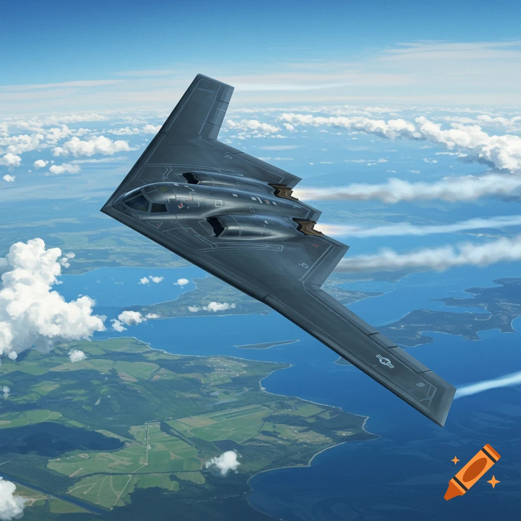 A dark grey B-2 stealth bomber flies high above a patchwork of green land and blue water under a clear, cloudy sky.