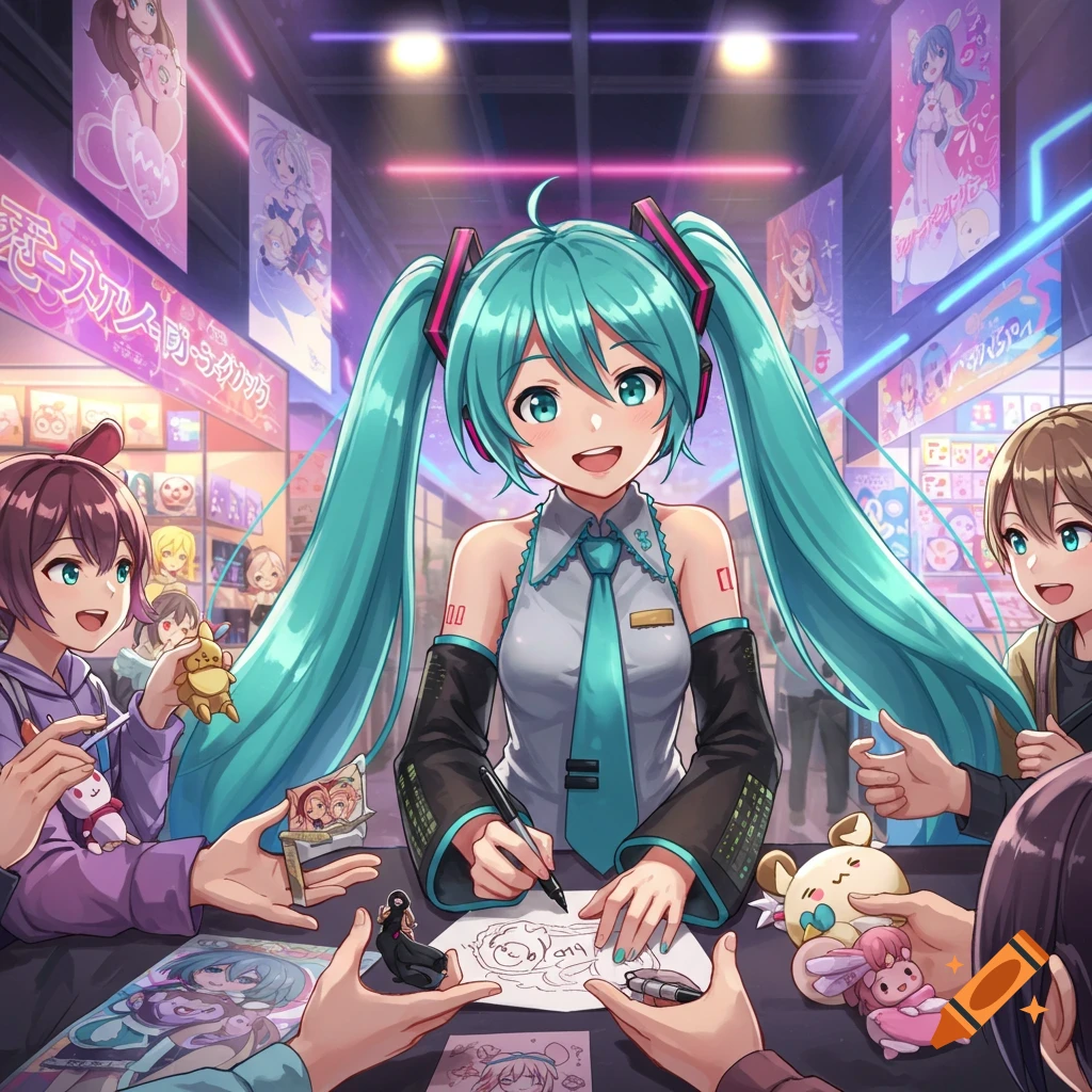 Hatsune Miku, with long teal pigtails, smiles while signing autographs for fans at a vibrant anime convention.