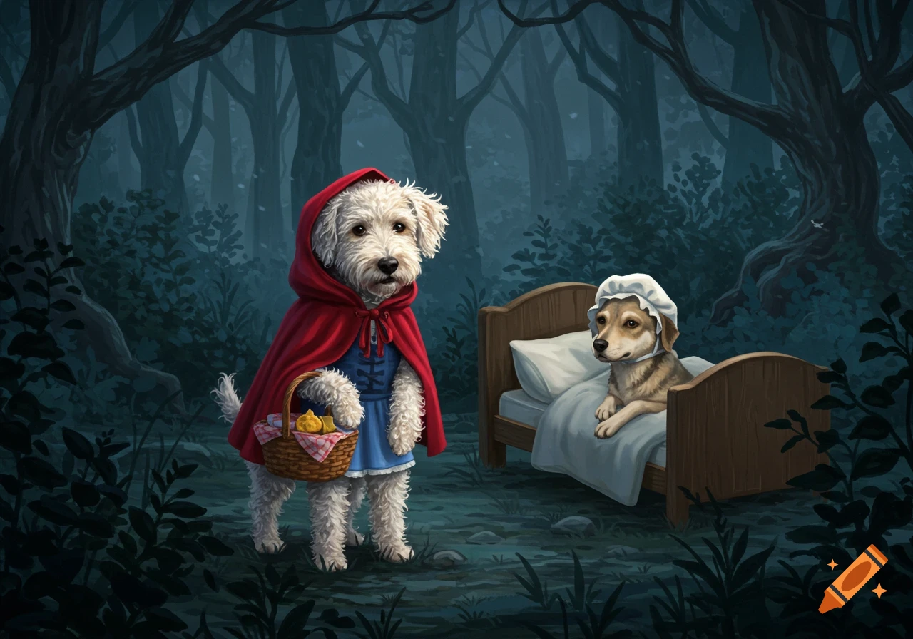 A white fluffy dog dressed as Little Red Riding Hood stands in a dark forest, holding a basket, while another brown dog in a bonnet lies in a bed.