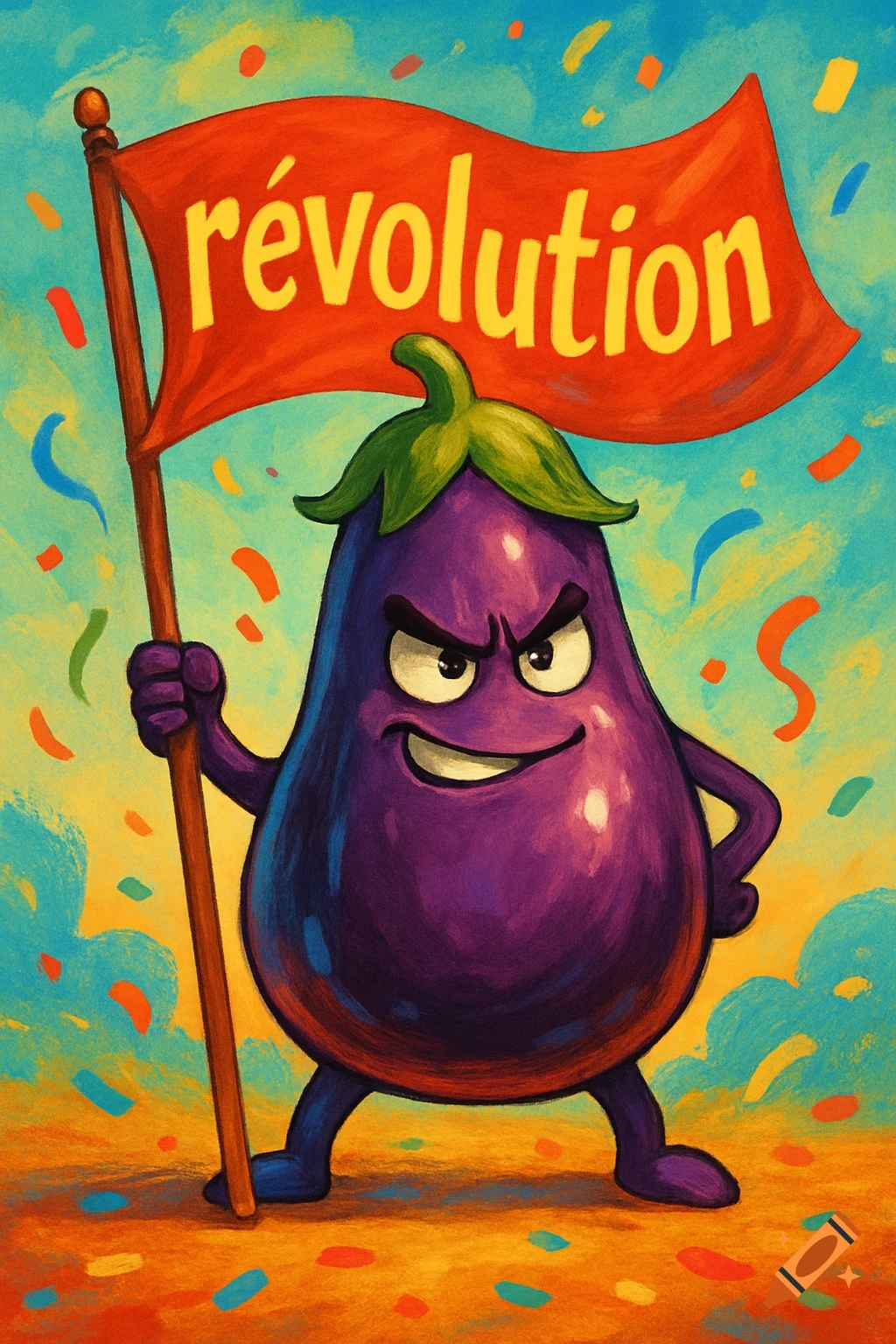 A determined, cartoon eggplant holding a red flag with "révolution" written on it, surrounded by colorful confetti.