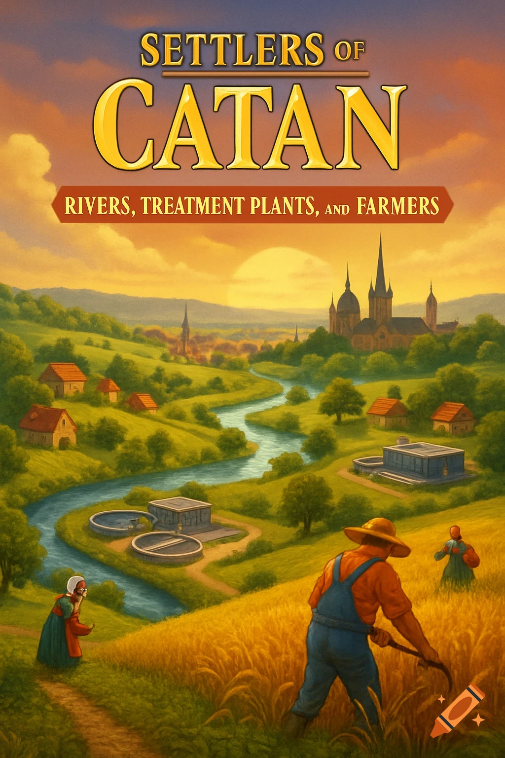 Illustrated 'Settlers of Catan' board game cover: pastoral landscape, farmers, winding river, treatment plants, distant town, sunset.