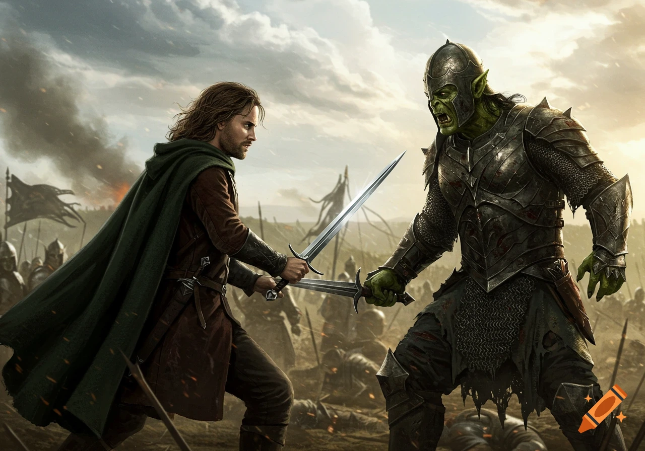 A man in a green cape and an orc in armor clash swords on a battlefield under a dramatic sky.