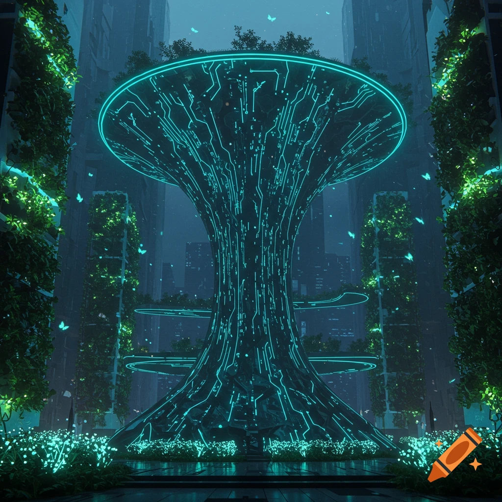 A majestic, glowing blue circuit board tree stands amidst lush green ...