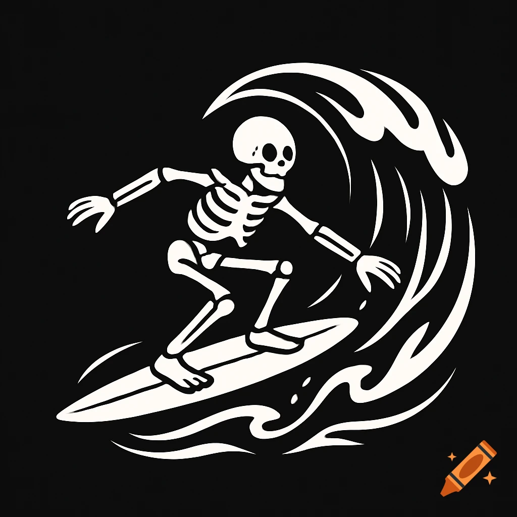 White illustration of a skeleton surfing a wave on a black background, in a logo style.
