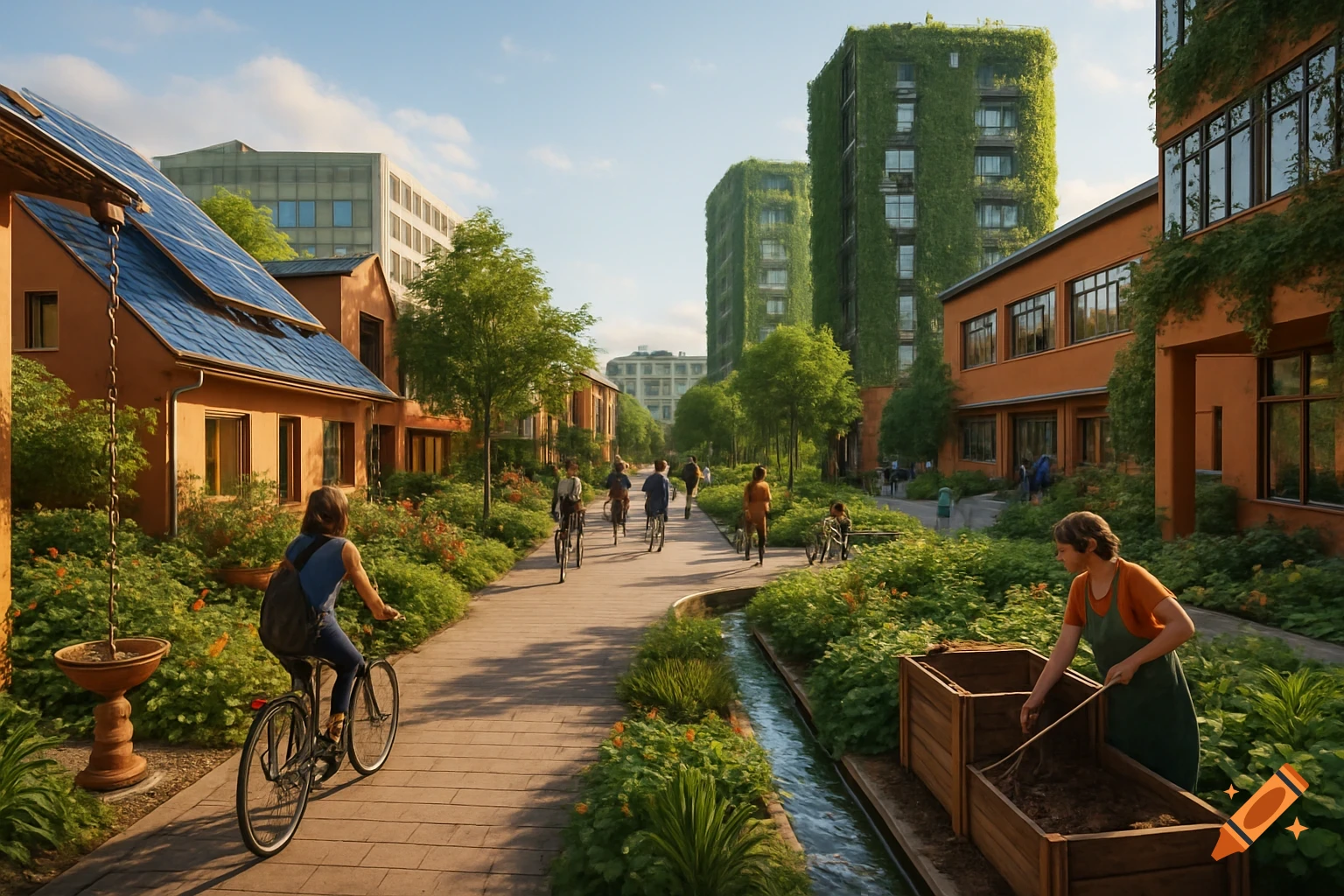 A vibrant eco-neighborhood with people cycling on a path, solar panels on houses, and tall buildings covered in green vines. A woman gardens in the foreground.