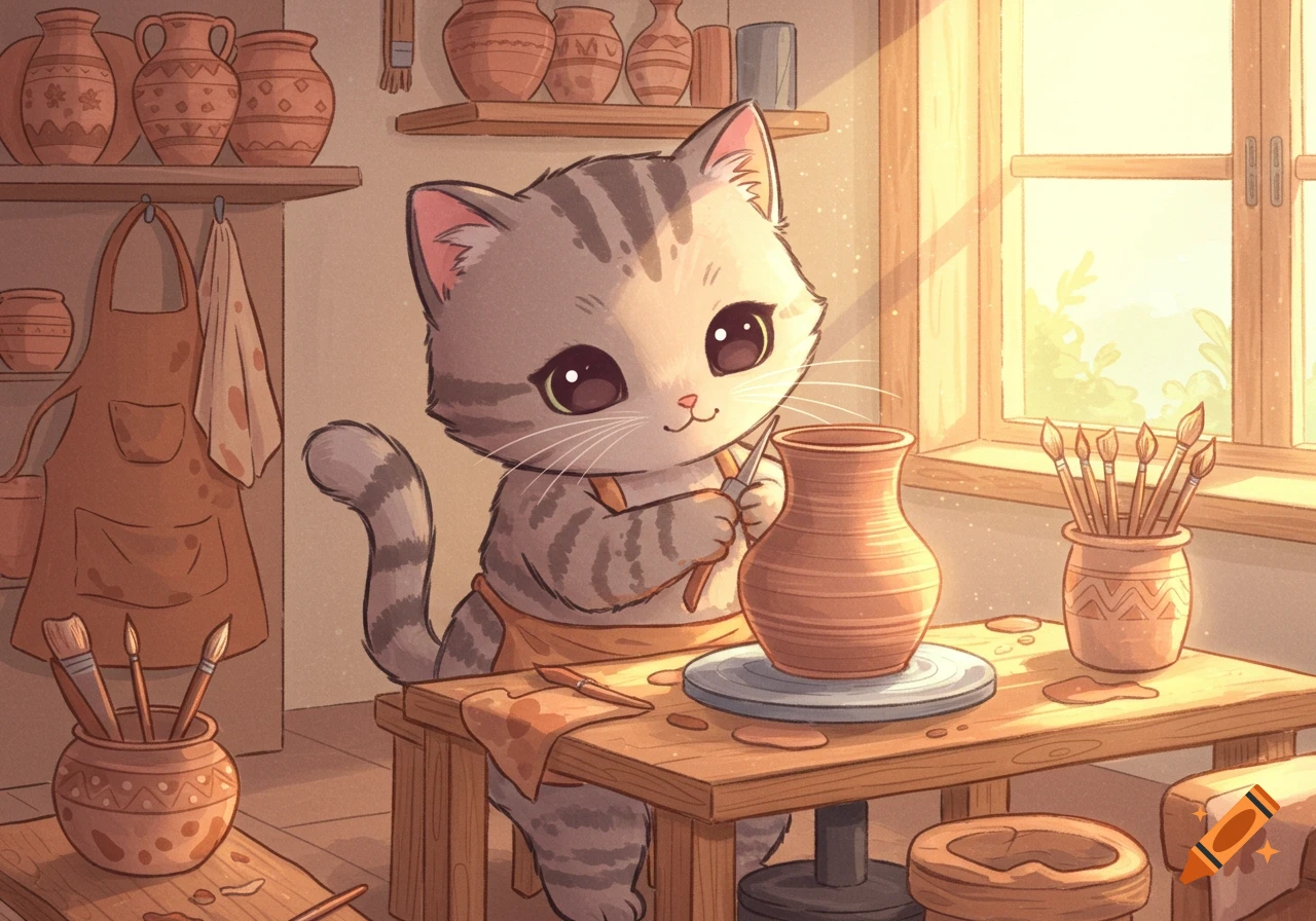 A cute tabby cat with big eyes in a pottery studio, shaping a clay pot on a pottery wheel, sunlight streaming from a window.