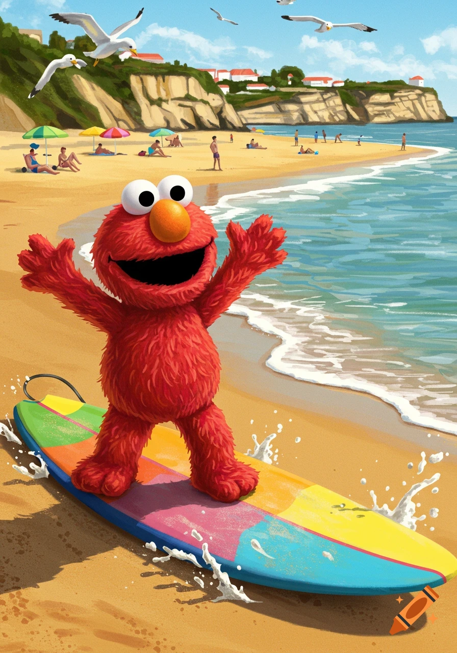 A red furry Elmo stands on a colorful surfboard on a sandy beach, with ocean waves and people in the background under a blue sky.
