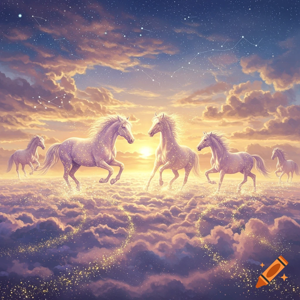 Ethereal white horses with glowing manes gallop across sparkling clouds under a sunset and starry sky.