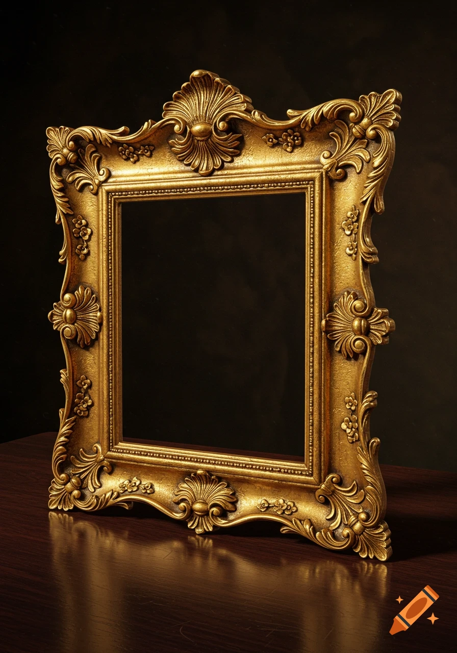 An ornate, gilded baroque picture frame with a dark, empty center stands on a polished wooden surface, reflecting light.