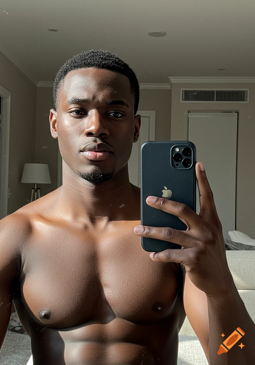 A shirtless Black man takes a selfie in a mirror, holding an iPhone and bathed in natural sunlight. He has a slight beard.
