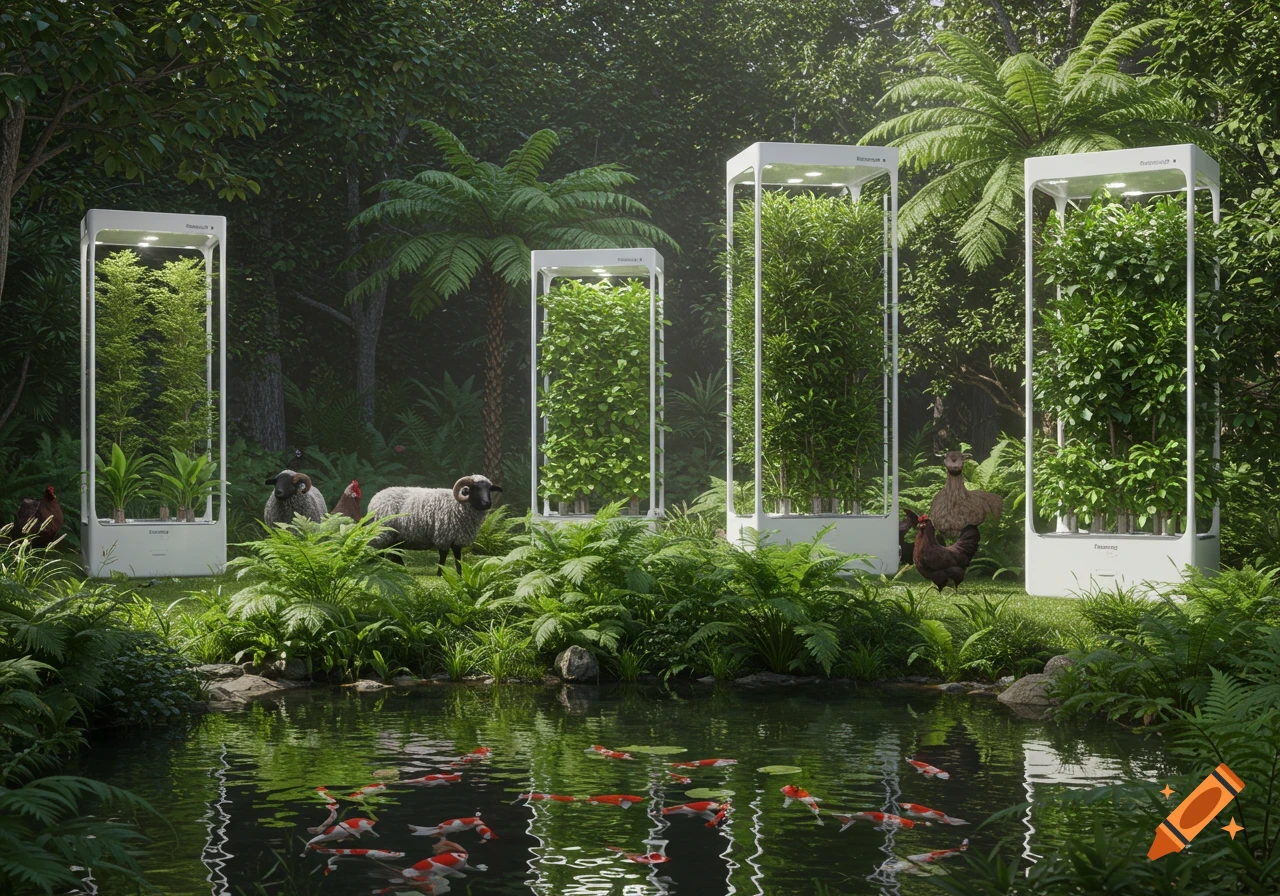 Modern grow towers with plants in a lush jungle setting featuring sheep, chickens, and koi fish in a pond.