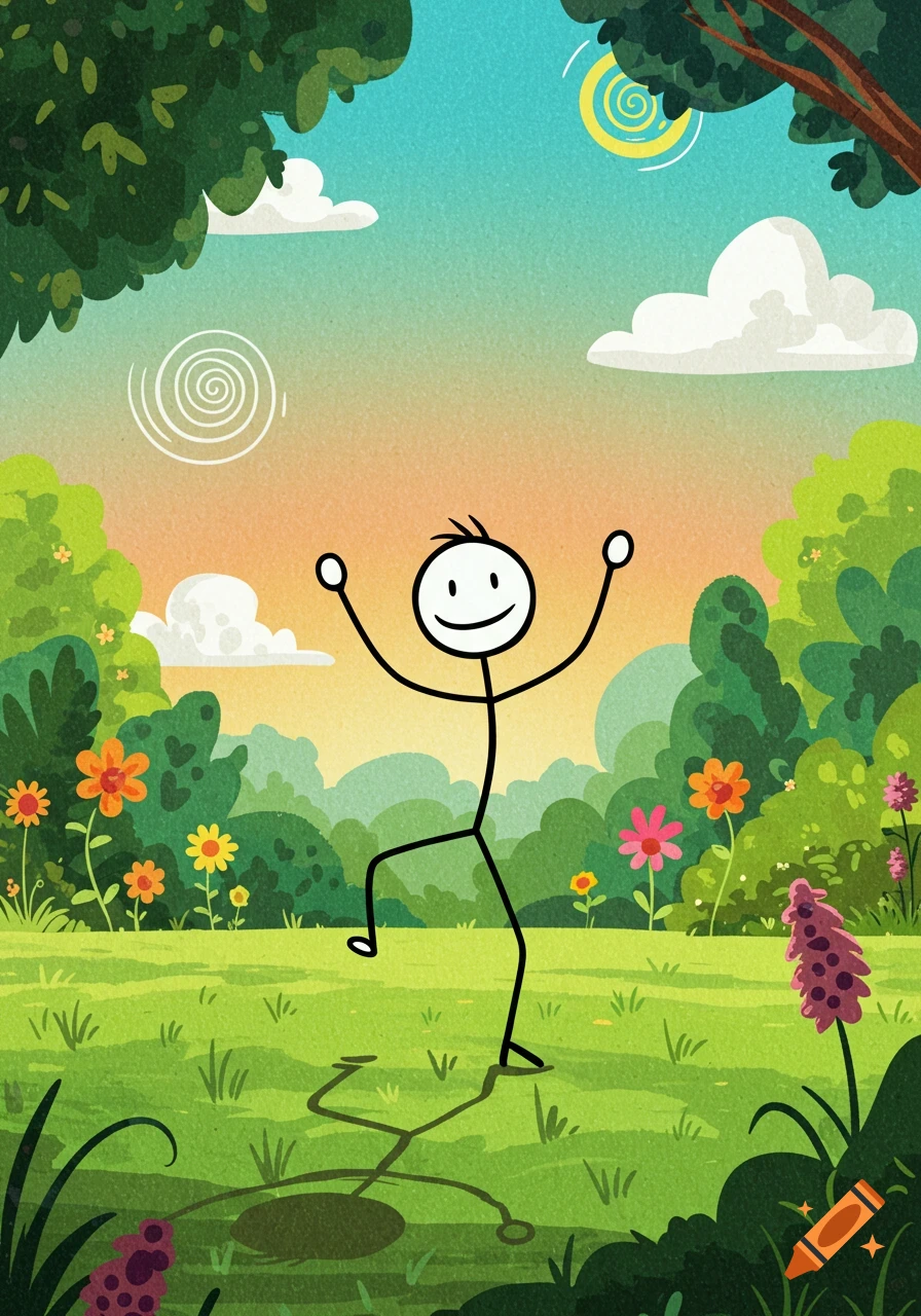 A happy stick figure dances in a vibrant cartoon field with trees, flowers, and a gradient sky.