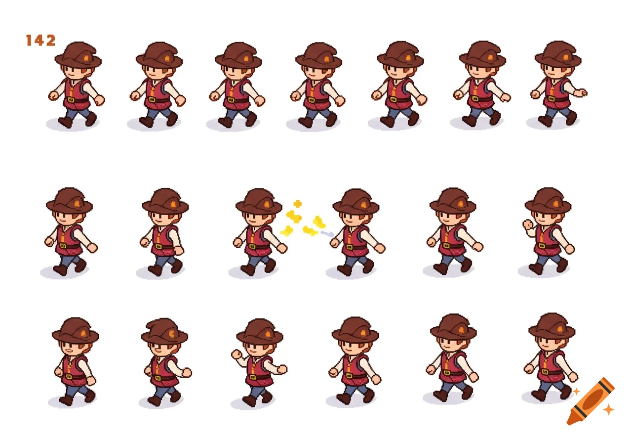A pixel art sprite sheet shows a small male character in a brown hat and red tunic walking in various isometric directions, including a magical casting animation.